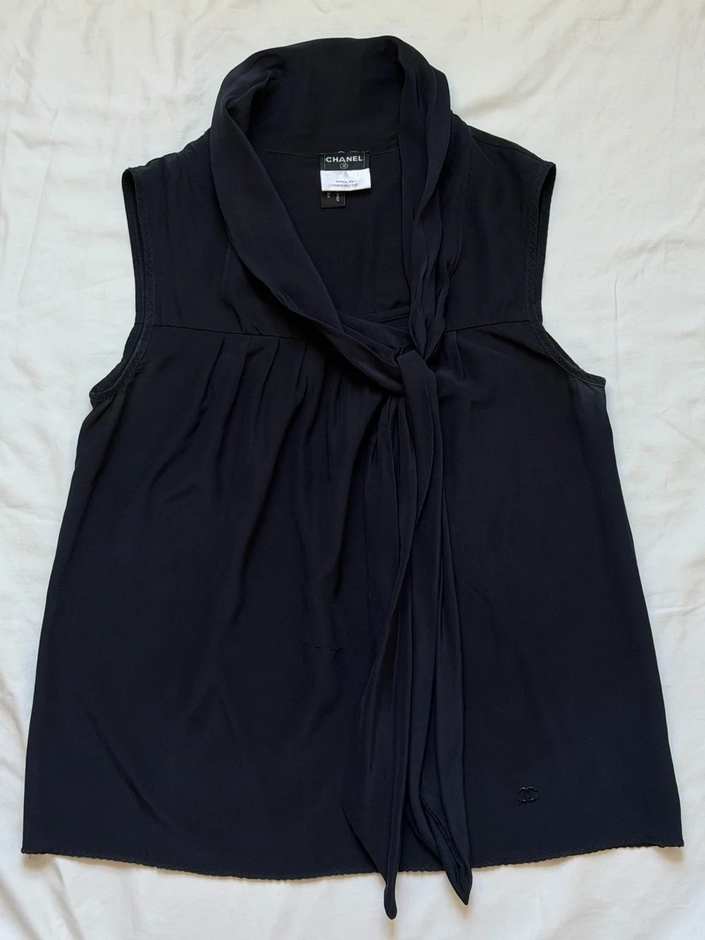 Vintage Chanel 100% Silk Navy Sleeveless Tie Neck Blouse